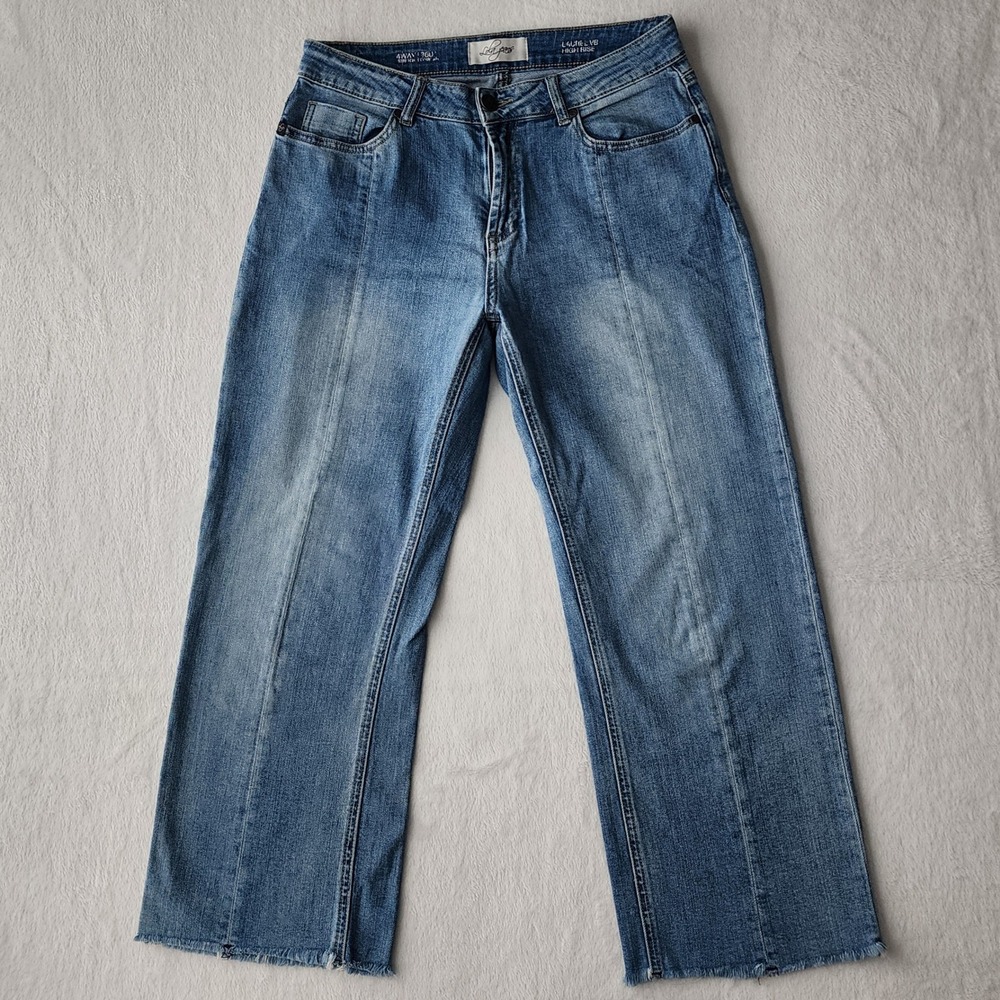 Lola Laurel Jeans Womens 30W 25L Blue High Rise Wide Leg Raw‎ Hem Stretch Boho